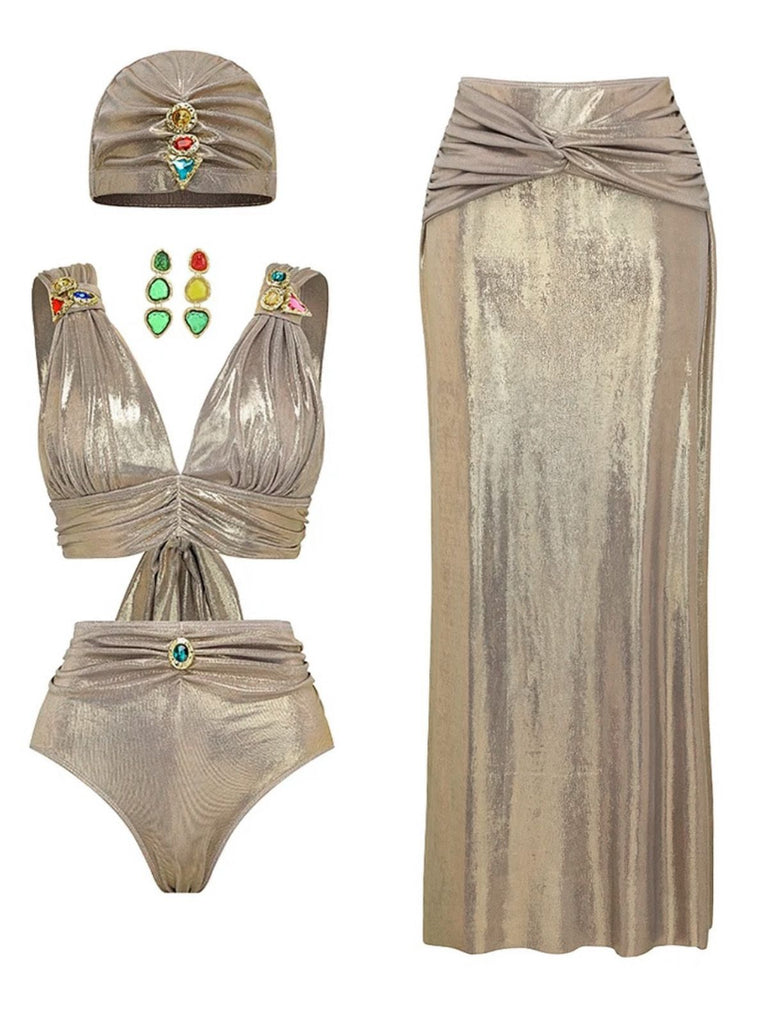 5PCS Gold 1980er Verziert Metallisch Ägyptisch-Inspiriert Bikini Set