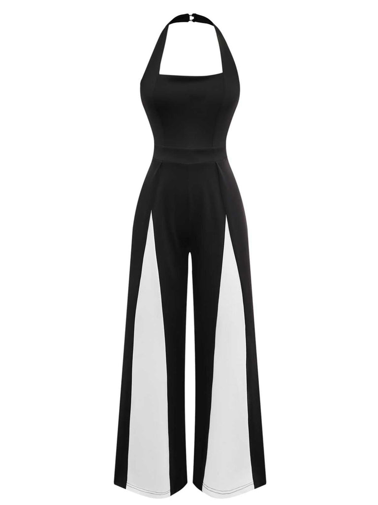 1960er Halter Farbblock Weites Bein Rückenfrei Jumpsuit