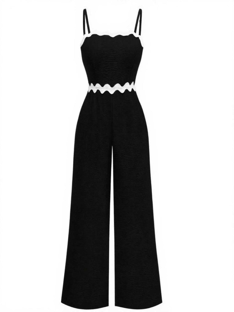1970er Welle-Trimmen Spaghetti Träger Weites Bein Jumpsuit