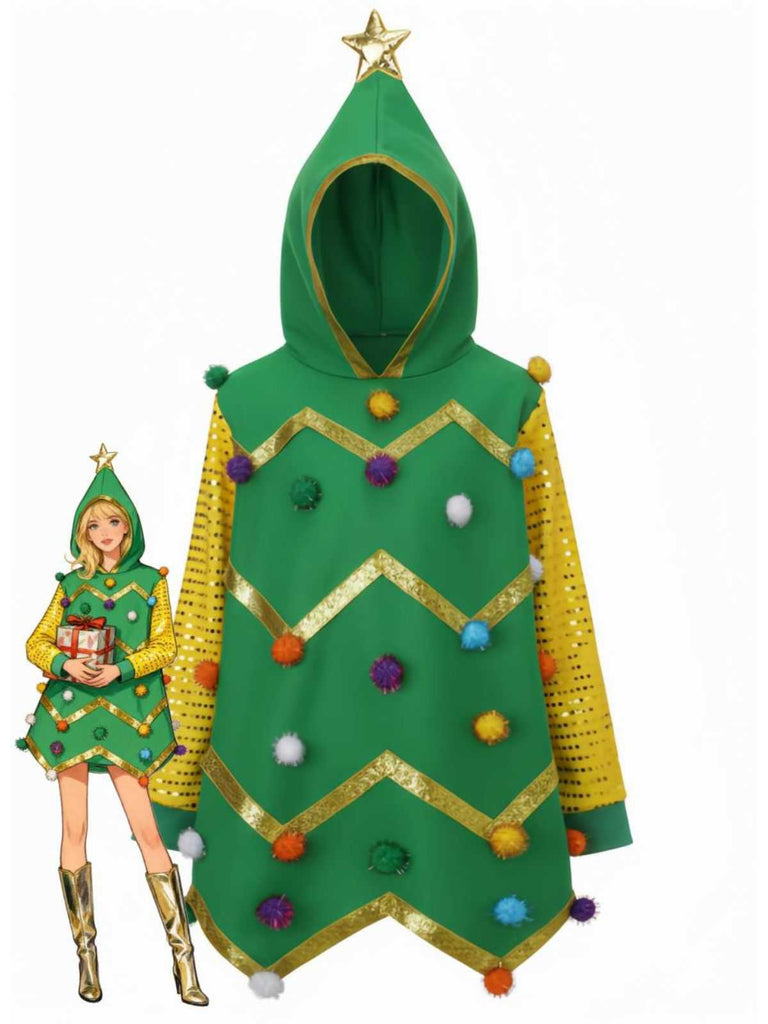 1950er Weihnachtsbaum Hoodie mit Bunt Pompons