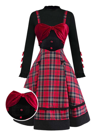 [Vorverkauf] 2PCS 1950er Samt Bogen Rollkragen Stricken Top & Plaid Kleid