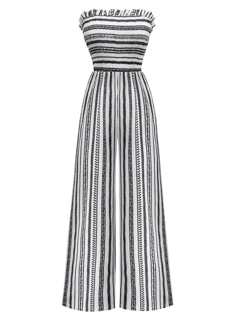 1970er Trägerlos Boho Streifen Weites Bein Jumpsuit