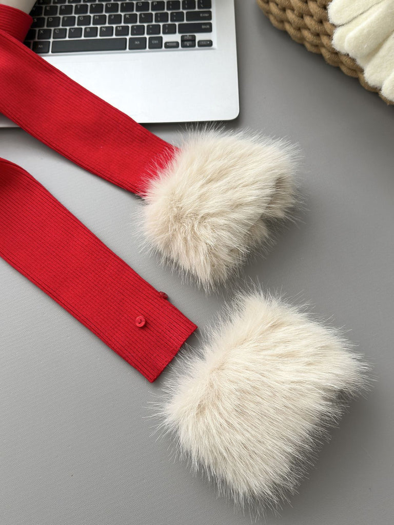 Rot 1980er Abnehmbar Pelz Kragen Bindung Stricken Strickjacke