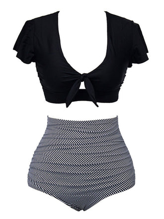 [Übergröße] 1950er Rüschenärmel Schnürung Patchwork Badeanzug