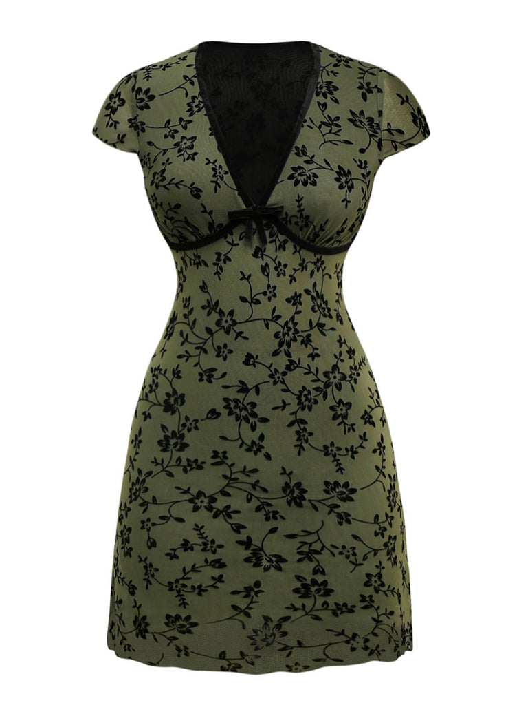 Grün 1960er V-Ausschnitt Blumen Beflocktes A-linie Kleid
