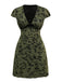 Grün 1960er V-Ausschnitt Blumen Beflocktes A-linie Kleid