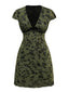 Grün 1960er V-Ausschnitt Blumen Beflocktes A-linie Kleid