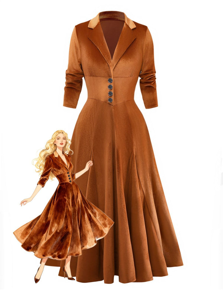 1930er Solide Taste Revers 3/4 Ärmel Kleid