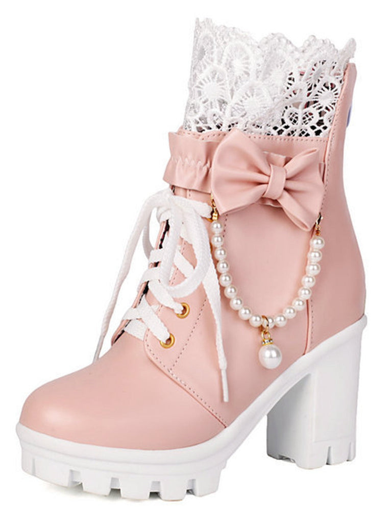 Vintage Spitze Perlen Bogen Blockabsatz Stiefel