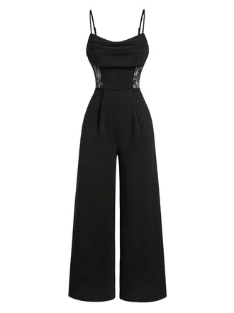 Schwarz 1950er Solide Schalkragen Spitze Patchwork Jumpsuit