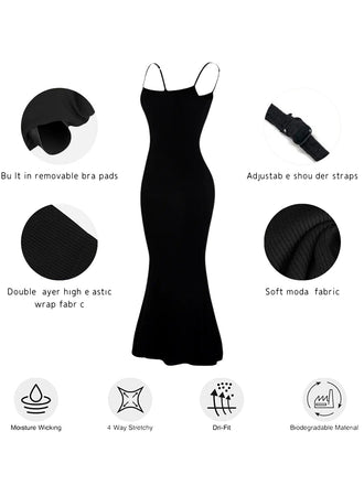 Schwarz 1970er 2-in-1 Shapewear Slip Kleid