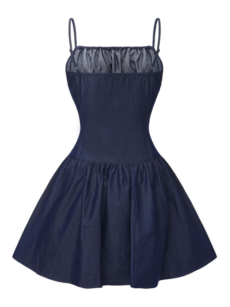 Blau 1960er Spaghetti Träger Gerafft Mini Kleid