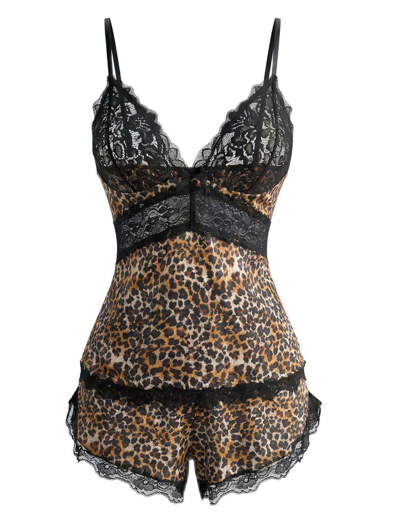 Braun 1970er Leopard Spitze Spaghetti Träger Pajama Set
