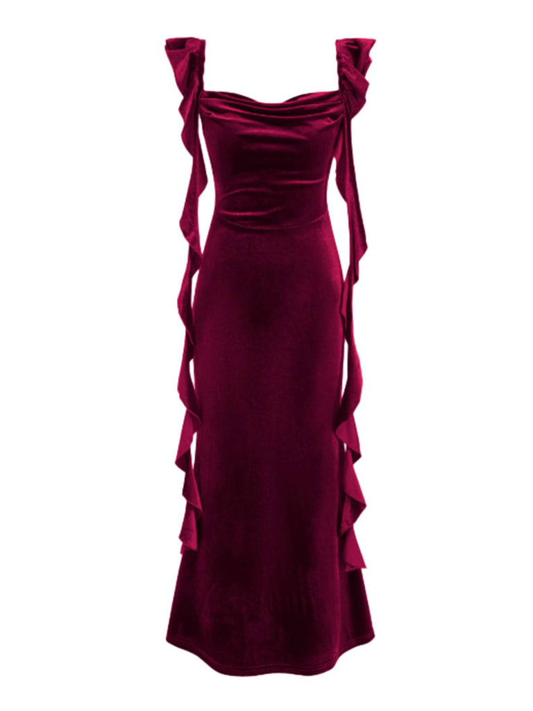 1940er Samt Schleife Träger Rüschen Detail Kleid