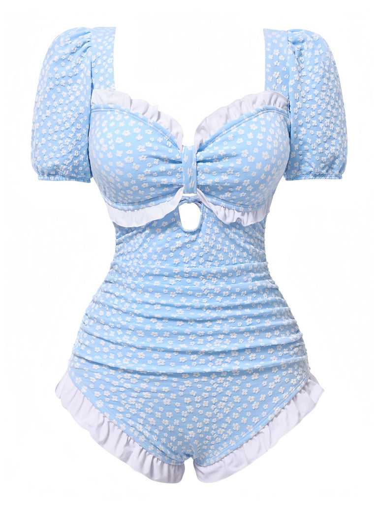 Blue 1940er Kleine Blumen Rüschen Badeanzug