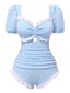 Blue 1940er Kleine Blumen Rüschen Badeanzug