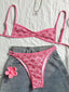 Rosa 1960er Blumen Druck Spaghetti Träger Bikini Set