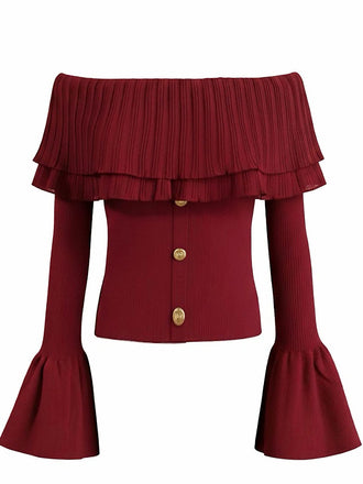 Weinrot 1960er Schulterfrei Trompetenärmel Strick Top