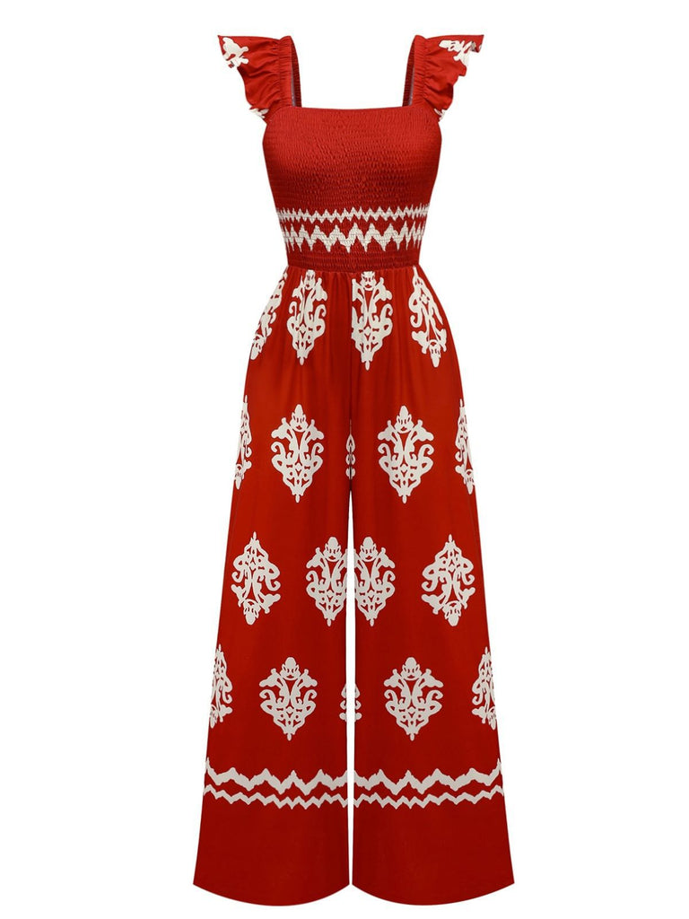1970er Boho Geometrisch Quadratischer Hals Jumpsuit