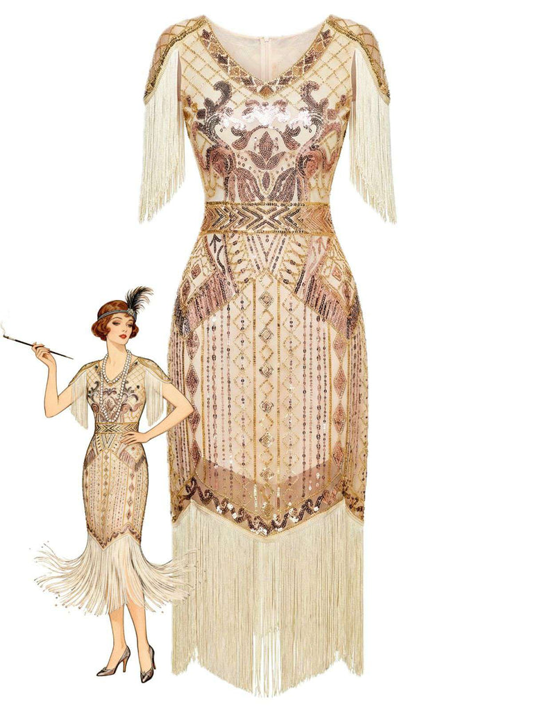 1920er Pailletten Fransen Flapper V-Ausschnitt Kleid