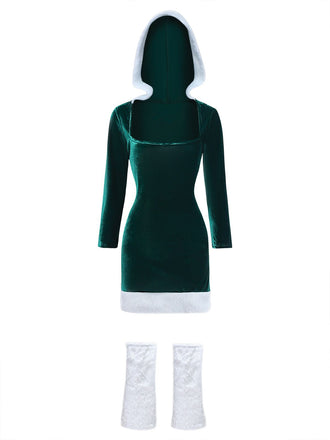 1980er Weihnachten Pelzbesatz Hooded Samt Kleid