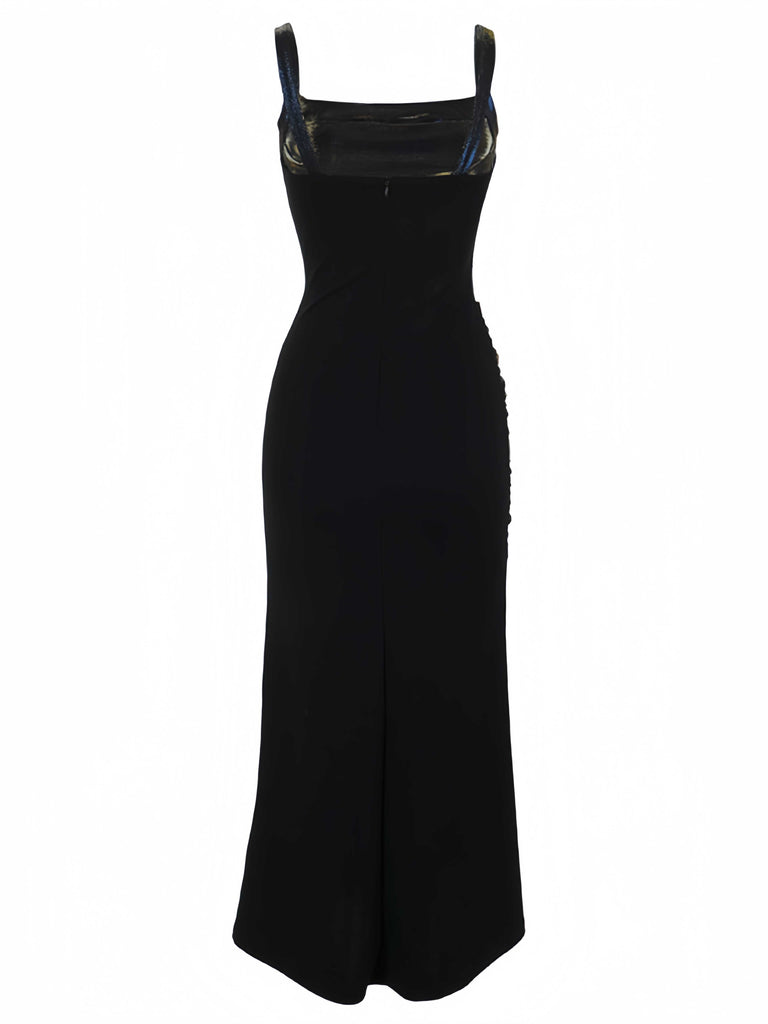 Schwarz 1980er Gothic Spaghetti-Träger Spitze Maxi Kleid