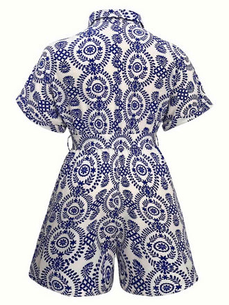 [Übergröße] Blau 1940er Porzellandruck Revers Romper