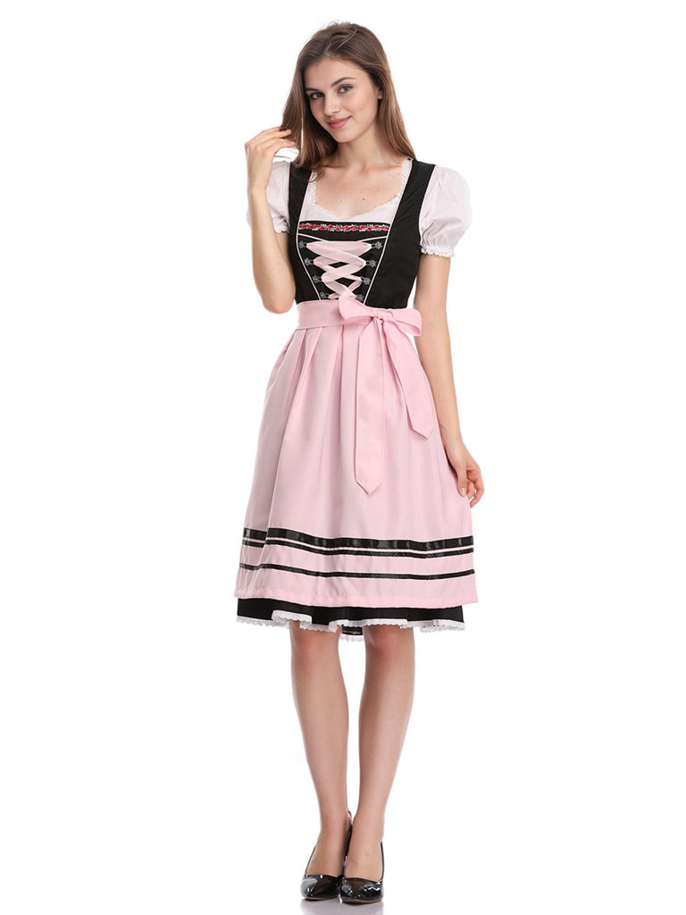 2PCS Rosa 1950er Oktoberfest Puffärmel Besticktes Kleid