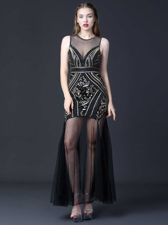 Schwarz 1920er Rundhals Transparentes Perlenbesatz Kleid