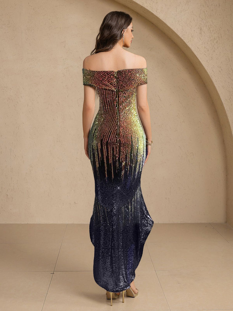 1930er Gradient Pailletten Schulterfrei Fischschwanz Kleid