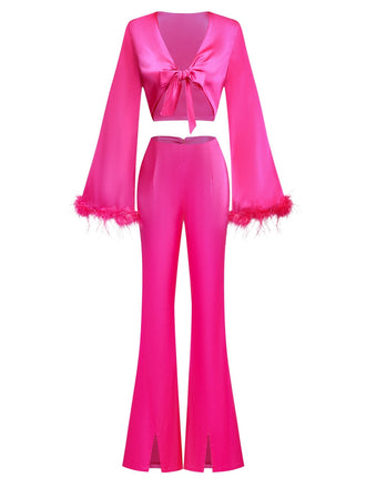 2PCS 1970er Feder Cuff Tie-Up Crop Top & Schlitz Hose