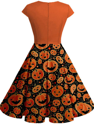 [Übergröße] Orange 1950er Halloween Kürbis Patchwork Swing Kleid
