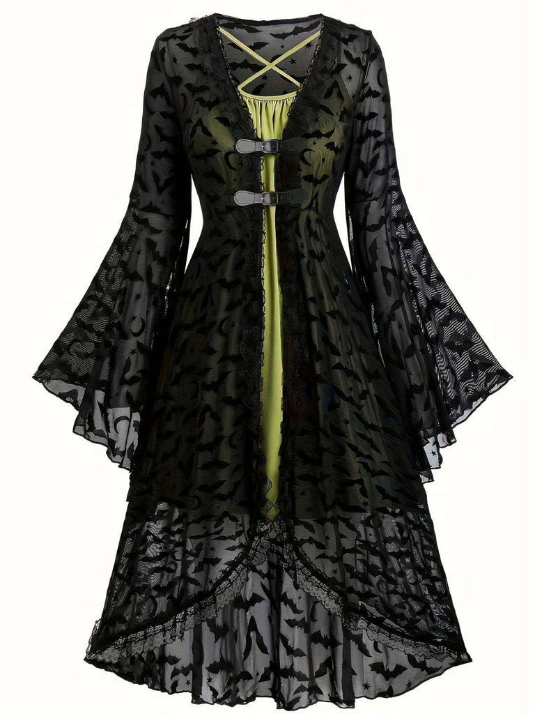 [Übergröße] 2PCS Schwarz 1940er Schläger Netz Außengewand & Grün Kleid