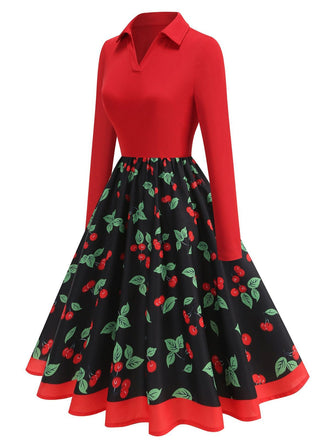 Rot 1950er Kirsche Langarm Swing Kleid