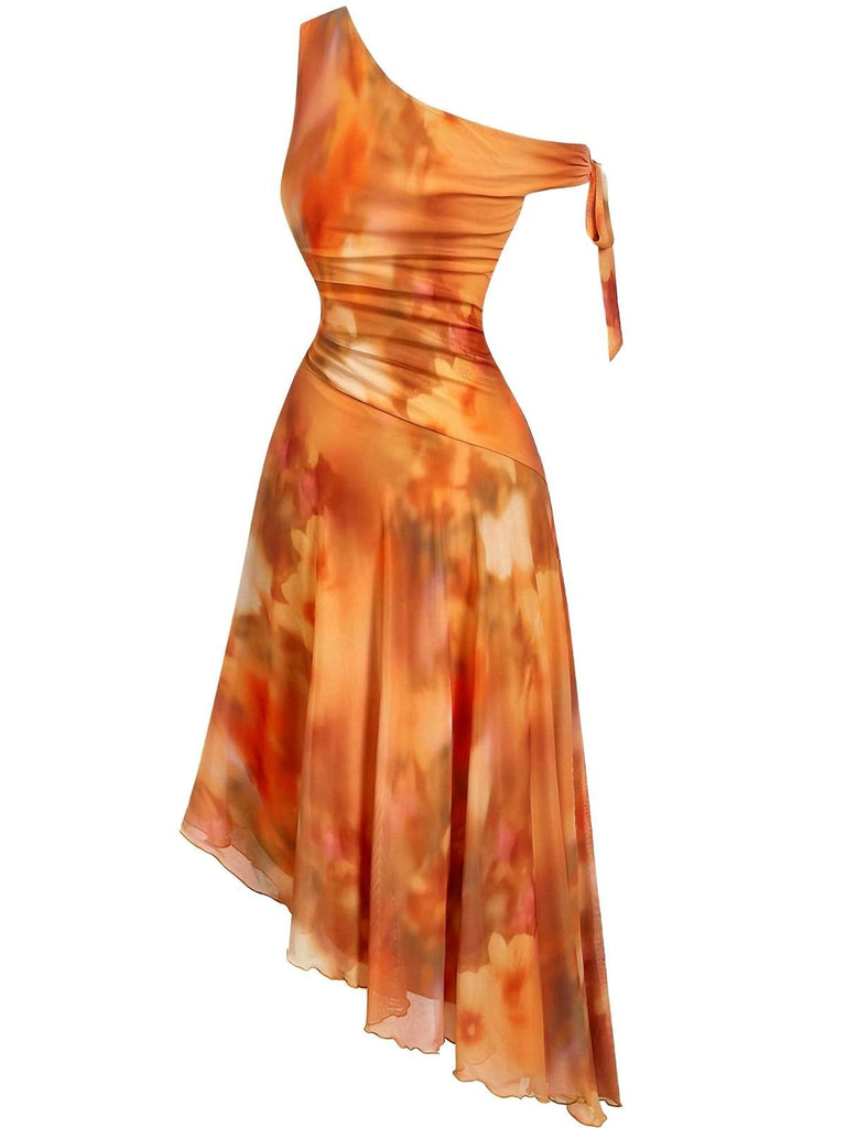 Orange 1970er Eine Schulter Netz Asymmetrisch Saum Kleid
