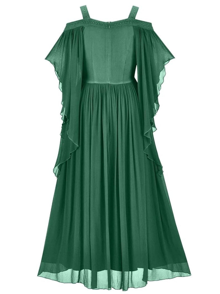 1950er Solide Samt Netz Kalte Schulter Kleid