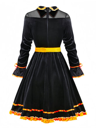 Schwarz 1940er Revers Bogen Patchwork Kleid