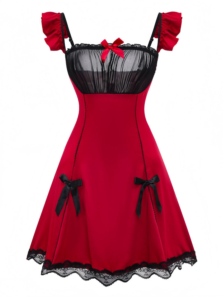 Rot 1960er Bogen Spitze Patchwork Rüschen Nachthemd