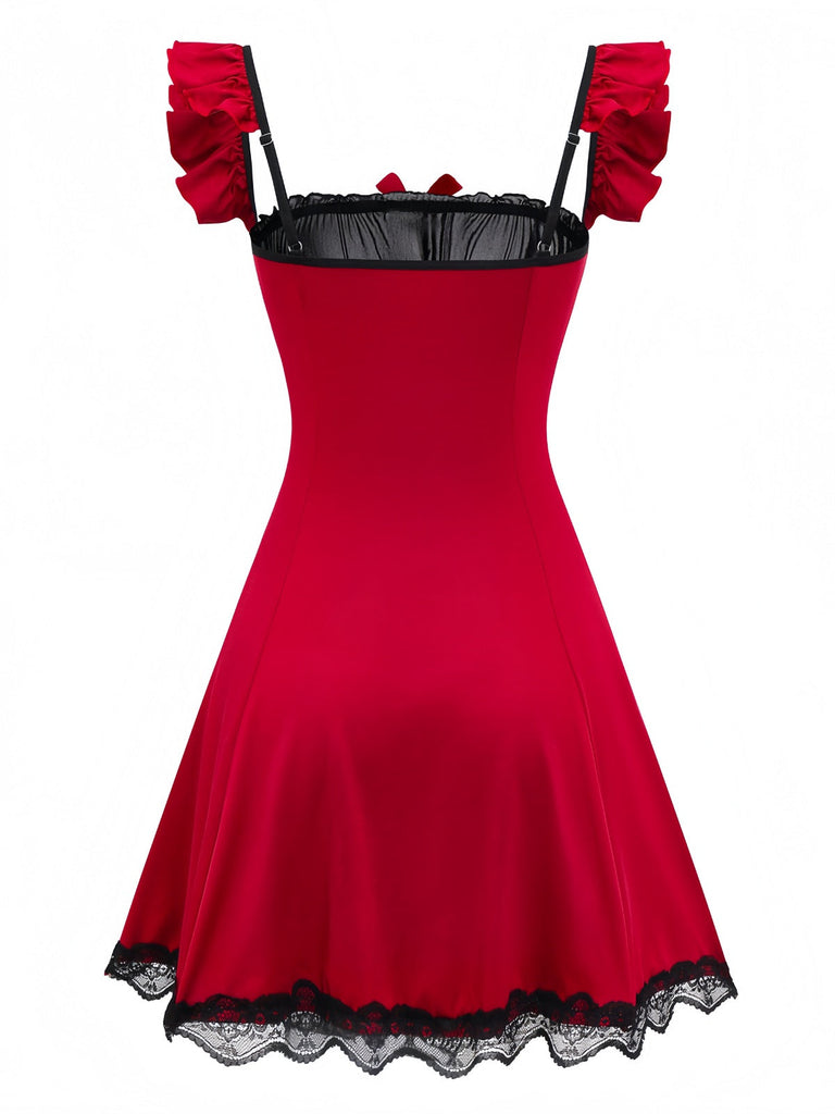 Rot 1960er Bogen Spitze Patchwork Rüschen Nachthemd