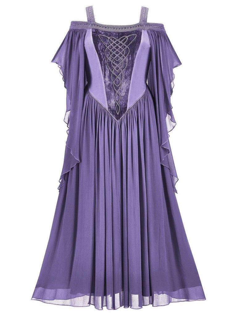 1950er Solide Samt Netz Kalte Schulter Kleid