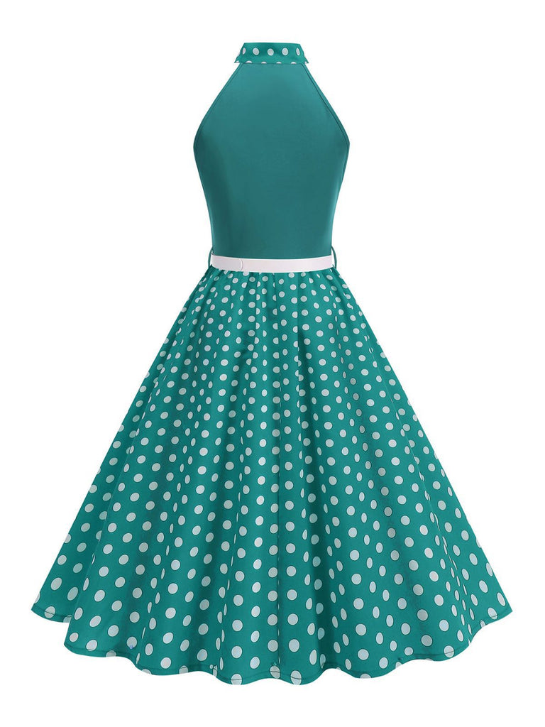 1950er Bogen Binde-Hals Polka Punkte Gürtel Kleid