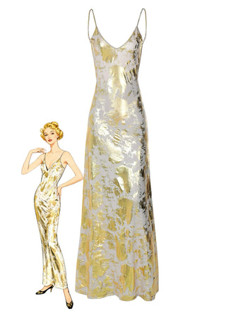 Gold 1980er Spaghetti Träger V-Ausschnitt Folienprint Kleid