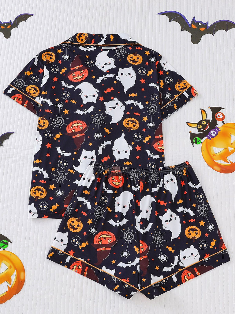 Schwarz 1950er Halloween Kerbkragen Pyjama Set