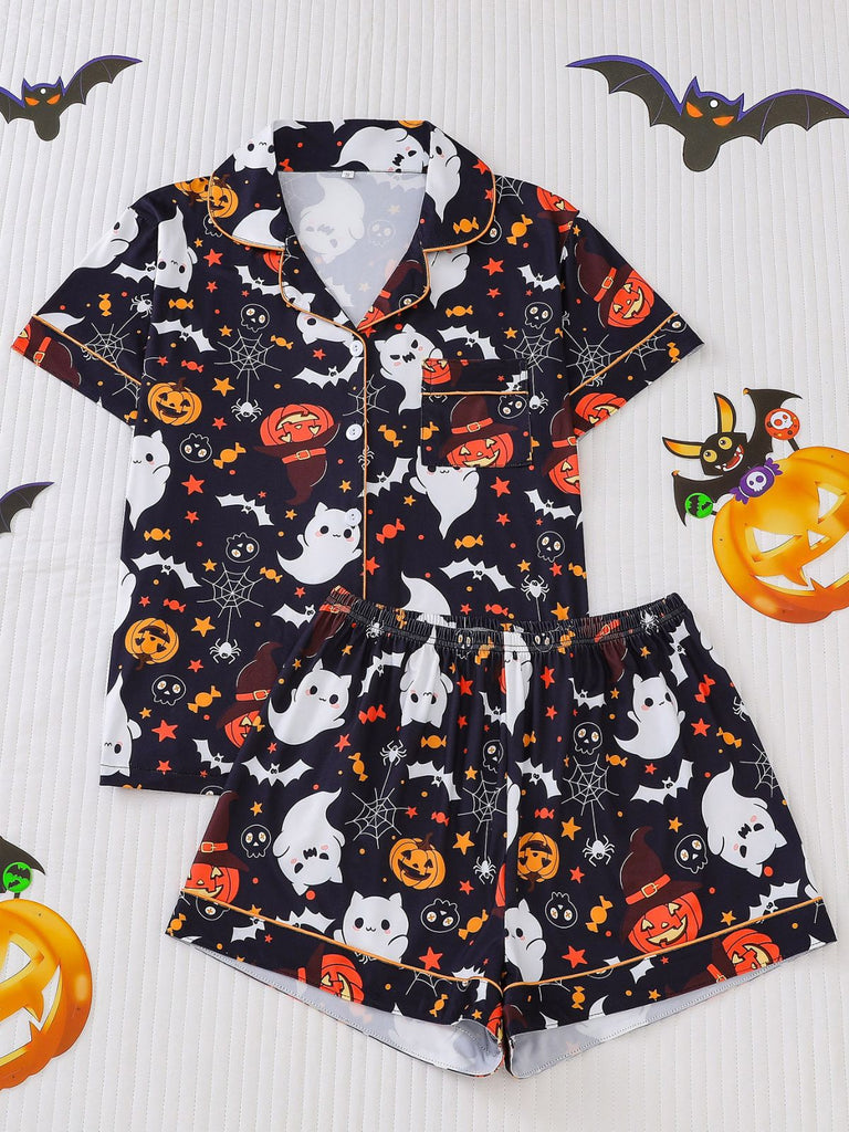Schwarz 1950er Halloween Kerbkragen Pyjama Set