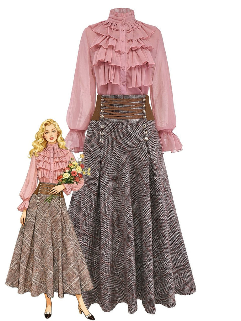 2PCS 1980er Chiffon Rüschen Hochhals Bluse & Schnürung Plaid Rock