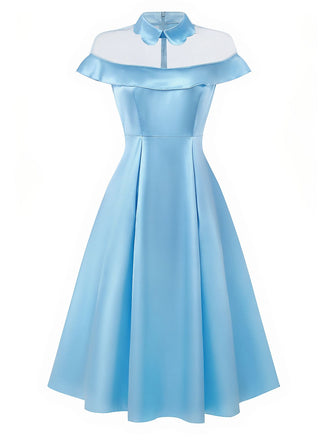 Blau 1940er Satin Netz Gremium Peter-Pan-Kragen Kleid