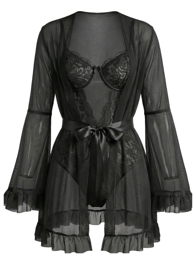 1960er Solide Transparent Spitze Patchwork Nachtwäsche Set