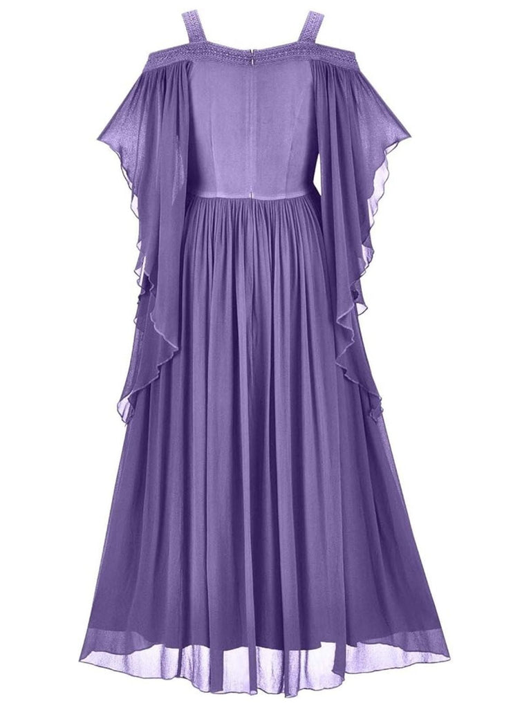 1950er Solide Samt Netz Kalte Schulter Kleid