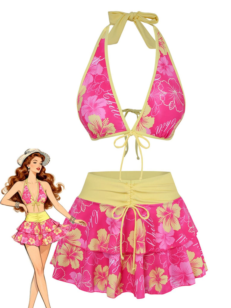 Rosa 1960er Blumen Druck Bindefront Geschichtet Bikini Set