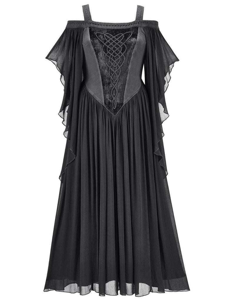 1950er Solide Samt Netz Kalte Schulter Kleid